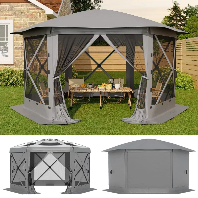 10 x 12 FT Screen Tent, 6-Sided Pop-Up Gazebo with Removable Canopy, Waterproof UV-Resistant Mesh Shelter for Camping, Patio & Backyard, Gray