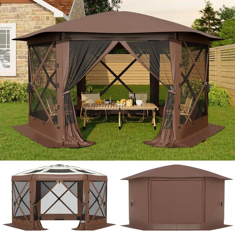 13′ x 13′ Khaki Screen Tent, Quick-Set 6-Sided Canopy Shelter with Removable Top & Mesh Walls, Bite-Proof Outdoor Sun Shade for Camping, Patio & Backyard