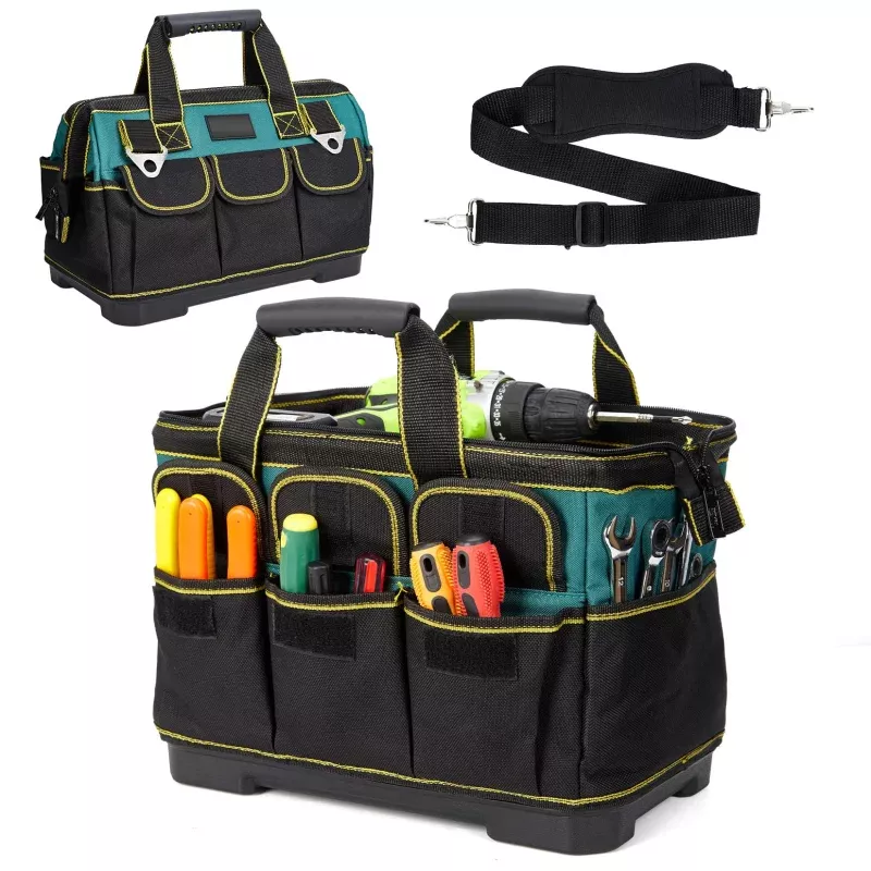 15 Inch Heavy Duty Tool Bag Waterproof Molded Base Adjustable Shoulder Strap Oxford Fabric Wide Mouth Portable Soft Toolbox for Electricians Mechanics