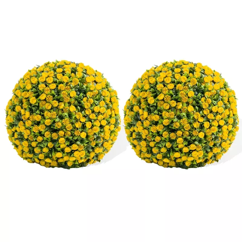 16″ Artificial Topiary Rose Balls Set of 2 Hanging Grass Ball for Home Decor Indoor Outdoor, Pink