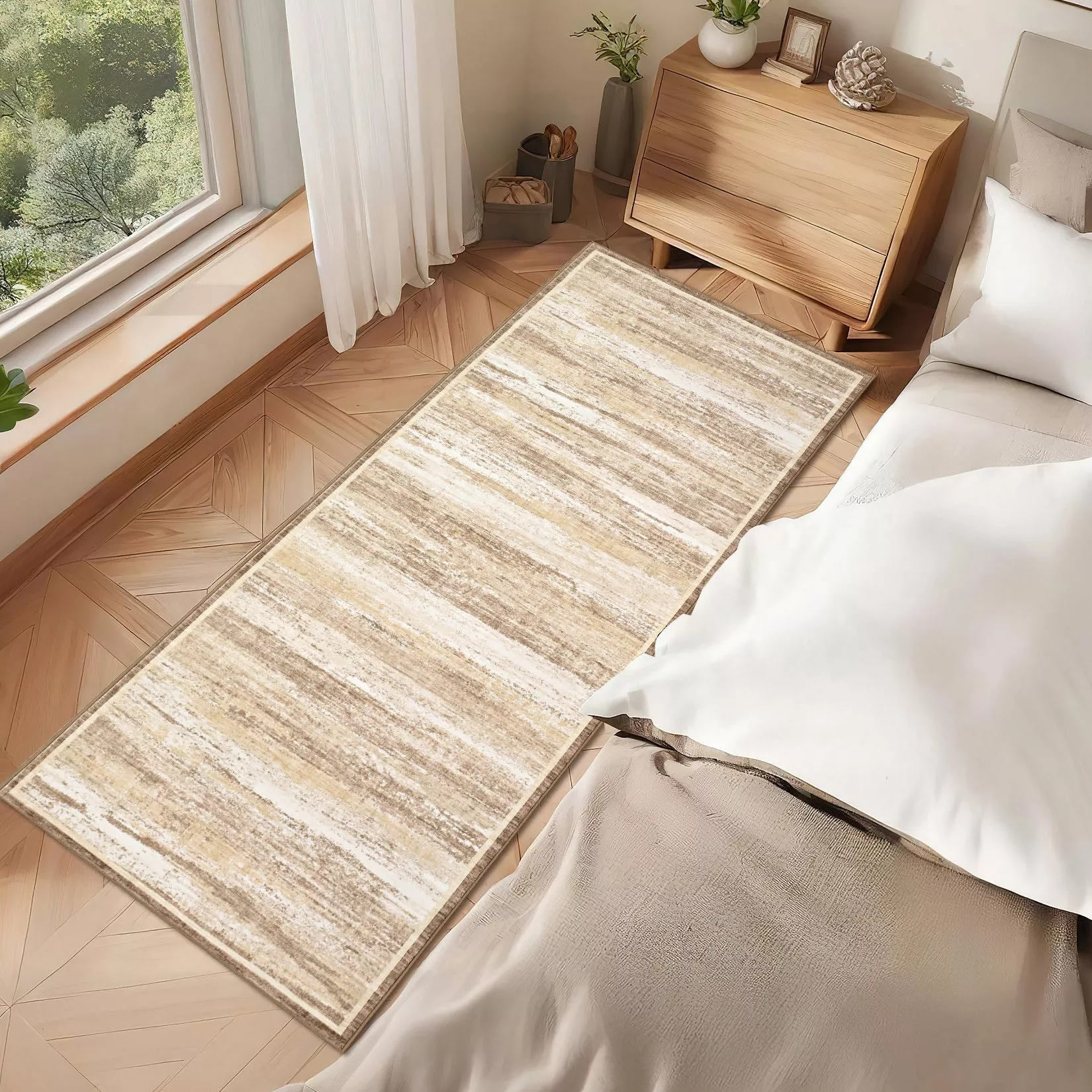 2′6′ Vintage Abstract Distressed Runner Rug, Washable Non-Slip Low-Pile Soft Rug for Hallway, Kitchen, Entryway & Laundry Room, Beige