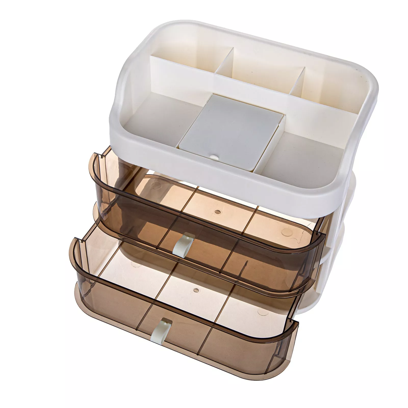 2-Layer Acrylic Makeup Organizer with DrawersCosmetic Storage Box for Vanity Countertop, Brush Holder, Jewelry and Skincare CaseIdeal for Bathroom or Dresser, Brown, 2 Layer