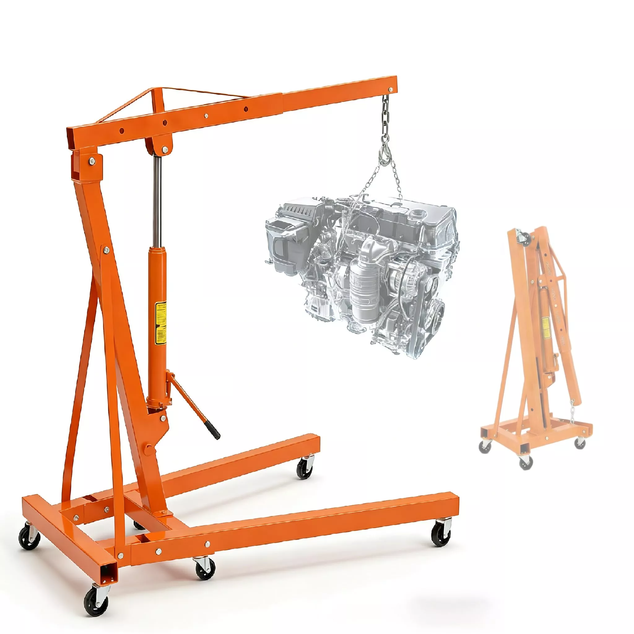 2-Ton Engine Hoist – 4400 lbs Folding Hydraulic Cherry Picker, Heavy-Duty Shop Crane with 6 Caster Wheels and 4 Adjustable Boom Positions for Warehouse, Garage, and Workshop, Yellow