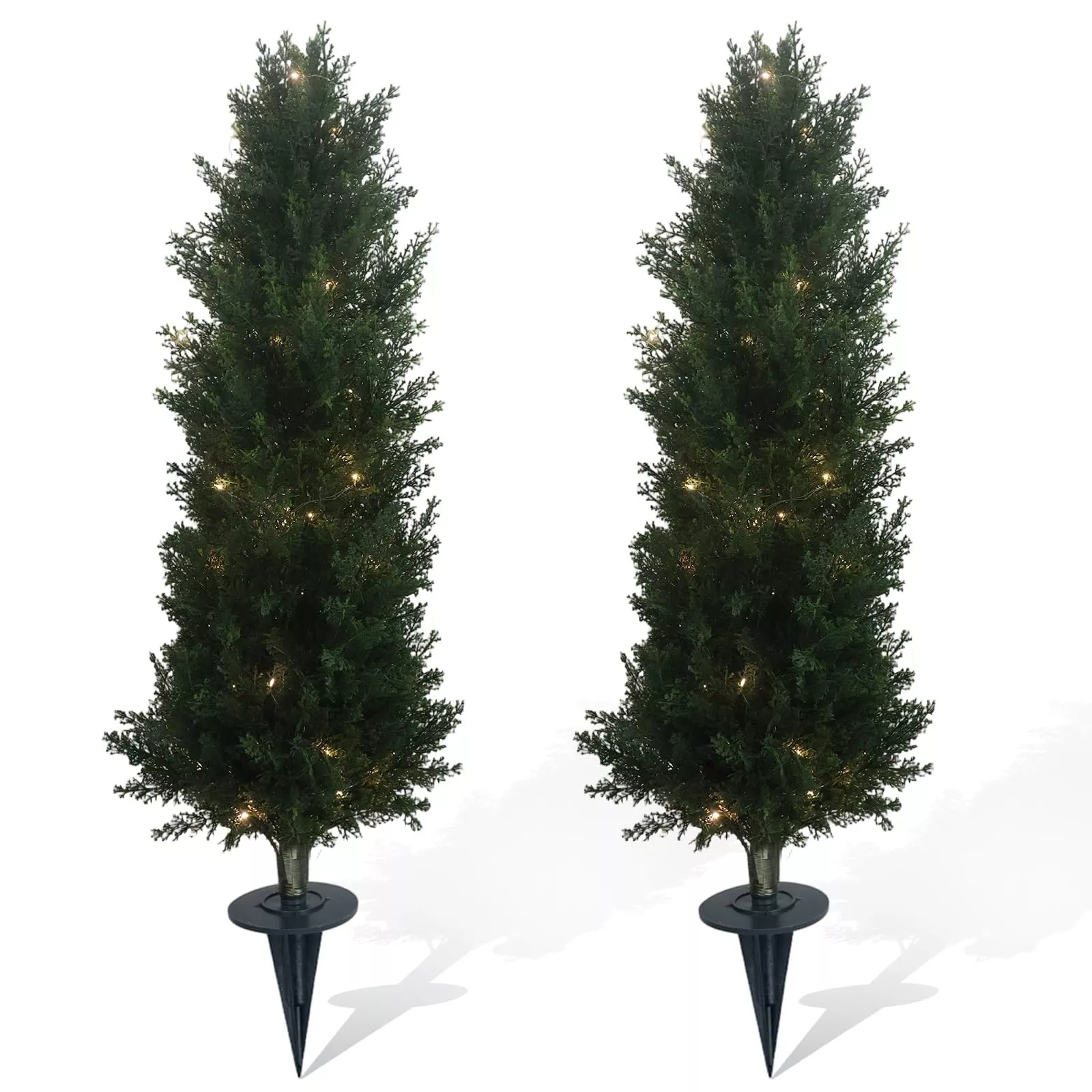 2PCS Lighted Artificial Arborvitae Trees, Weatherproof Faux Pine Trees with Stakes for Indoor Outdoor Front Door Yard Decoration