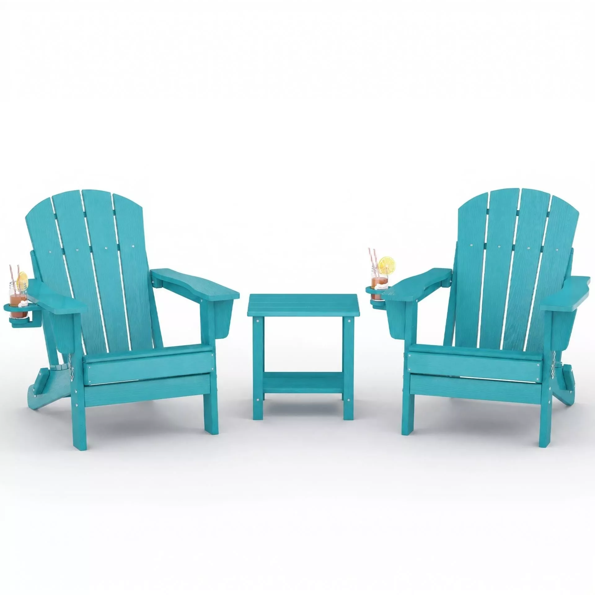 3-Piece Folding HDPE Adirondack Chair Set, 2 Chairs with Cup Holders & 1 Side Table for Fire Pit, Patio & Lawn, White
