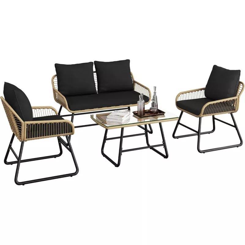 4-Piece Outdoor Wicker Sofa Set, PE Rattan Patio Conversation Set with Loveseat, 2 Chairs, Cushions & Glass Table,Bent-leg, Black