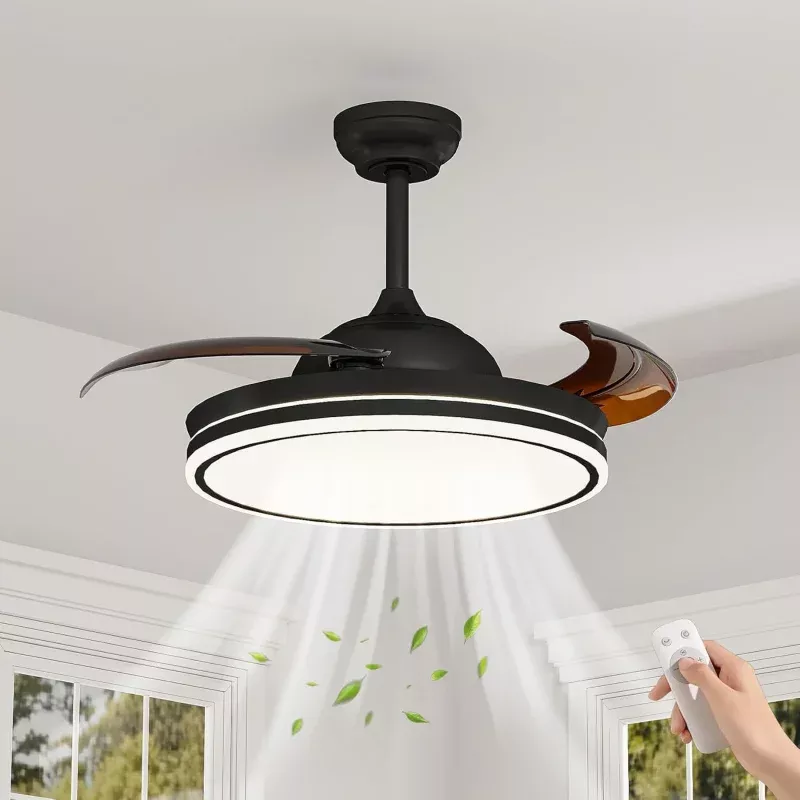 42″ Retractable Ceiling Fan with Light – Invisible Blades, 36W Dimmable LED 3CCT – Quiet Pure Copper DC Motor, 6-Speed Remote, Reversible, Low Profile – 42 Inches, Black
