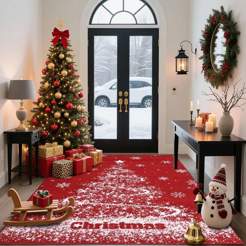 5×7 Modern Solid Simple Christmas Carpet Washable Area Rug for Living Room Non Shedding Christmas Tree Floor Carpet Low Pile Soft Bedroom Throw Mats, Red