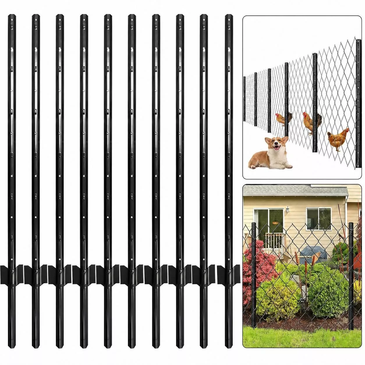 5 ft Steel U-Channel Fence Posts, 10-Pack No-Dig Metal Stakes with Anchor Plates, Rust-Resistant Black Finish for Garden Yard Farm Wire Fencing