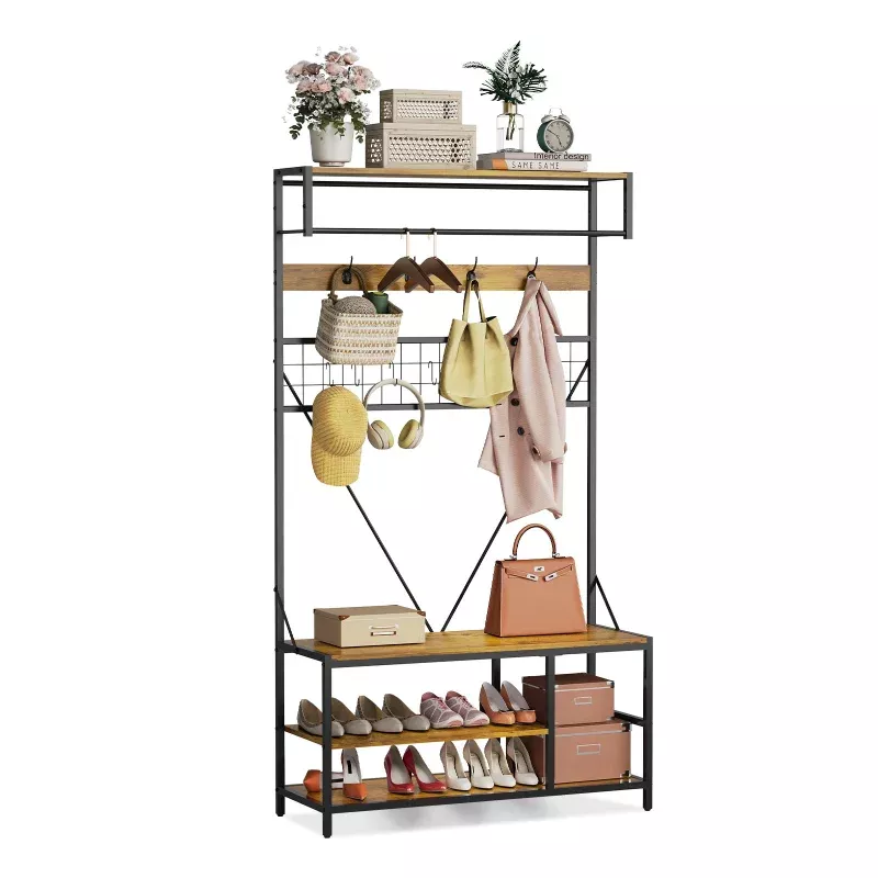 5-in-1 Entryway Hall Tree with Bench and Shoe Storage – Adjustable Shelf, Hanging Rod & 9 Hooks – Durable Organizer for Hallway, Mudroom, Bedroom – Charcoal Wood