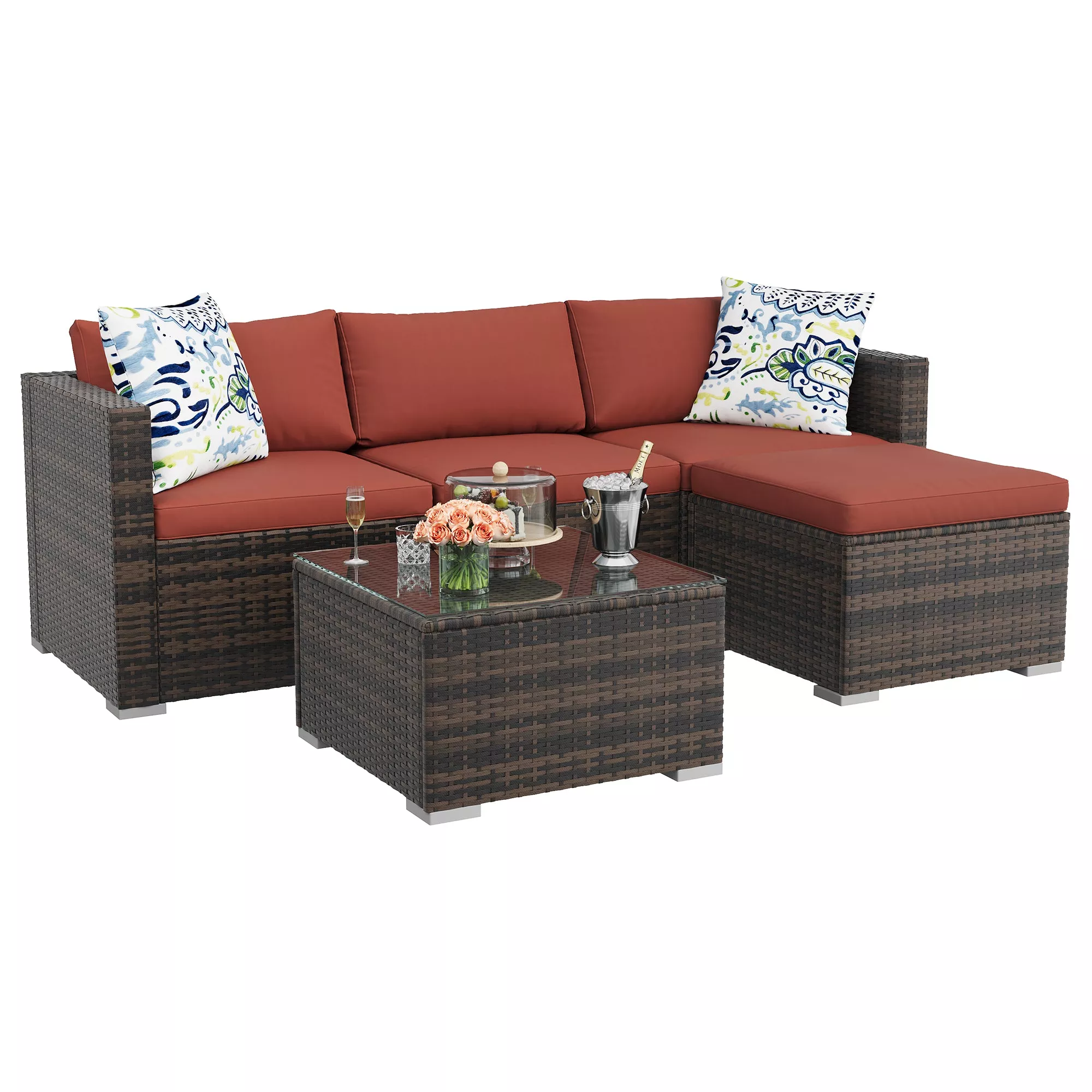 5 Piece PE Rattan Patio Sectional Sofa Set with Ottoman, Tempered Glass Table & Wine Red Cushions