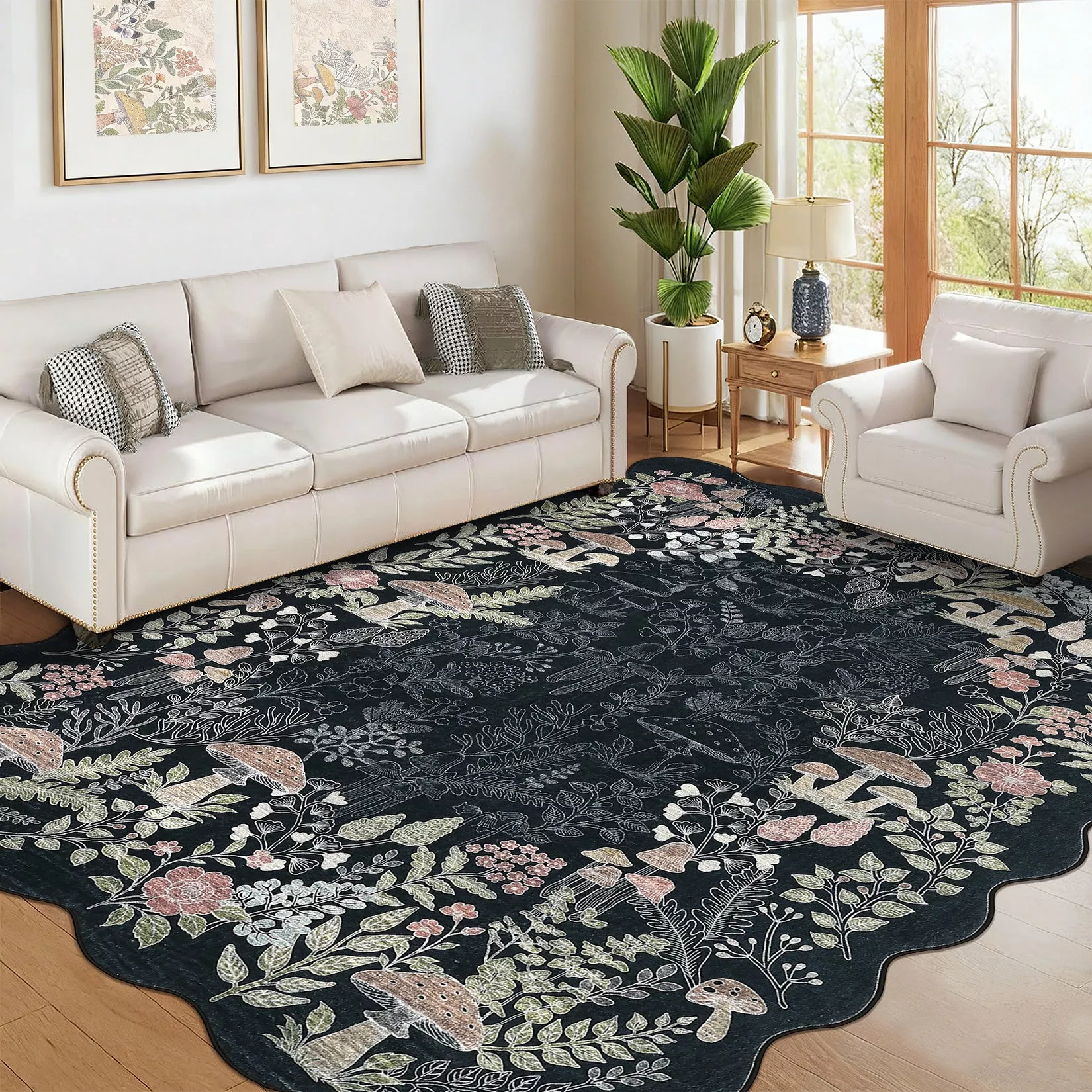 5′ x 7′ Botanical Scalloped Forest Mushroom Area Rug, Machine Washable Non-Slip Low-Pile Stain-Resistant Rug for Living Room & Bedroom, Black