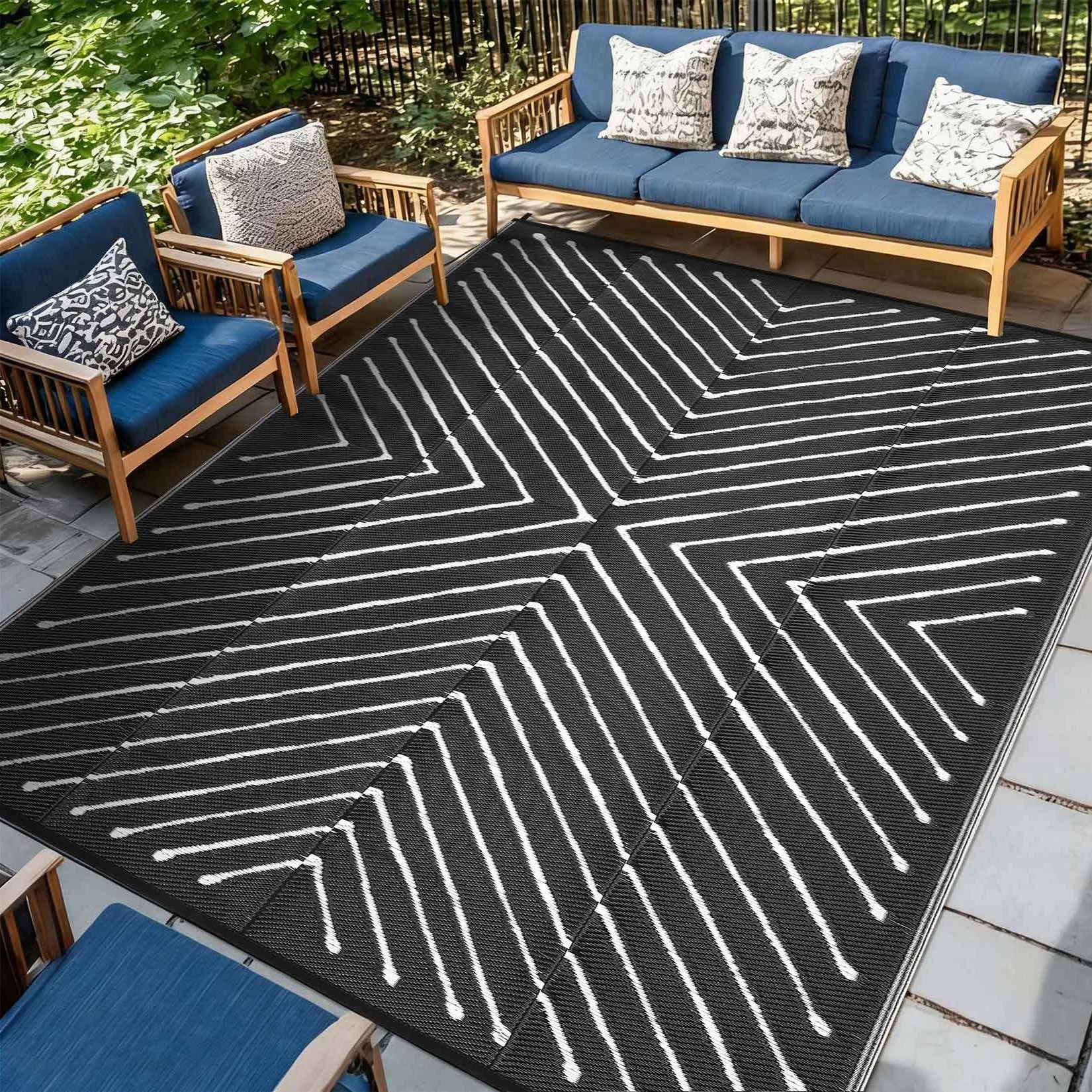 6′ x 9′ Reversible Waterproof Outdoor RugModern Striped Patio Carpet, Easy to Clean, collapsible, UV Protected, Large 6x9ft Plastic Straw Mat for RV, Camping, Picnic, Sage Green