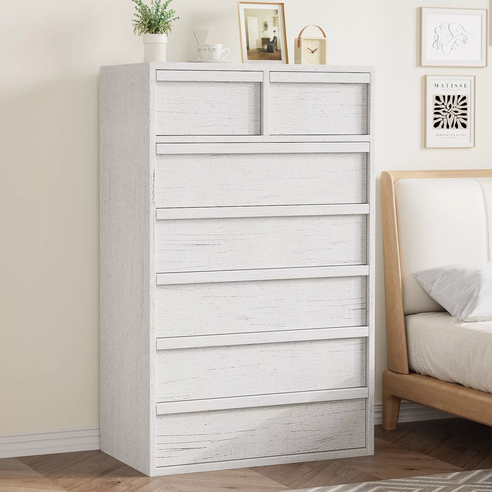 7 Drawer Dresser with Large Storage, Smooth Glide Drawers, Thick Wood Construction, Anti-Tipping, White Finish, Bedroom & Living Room