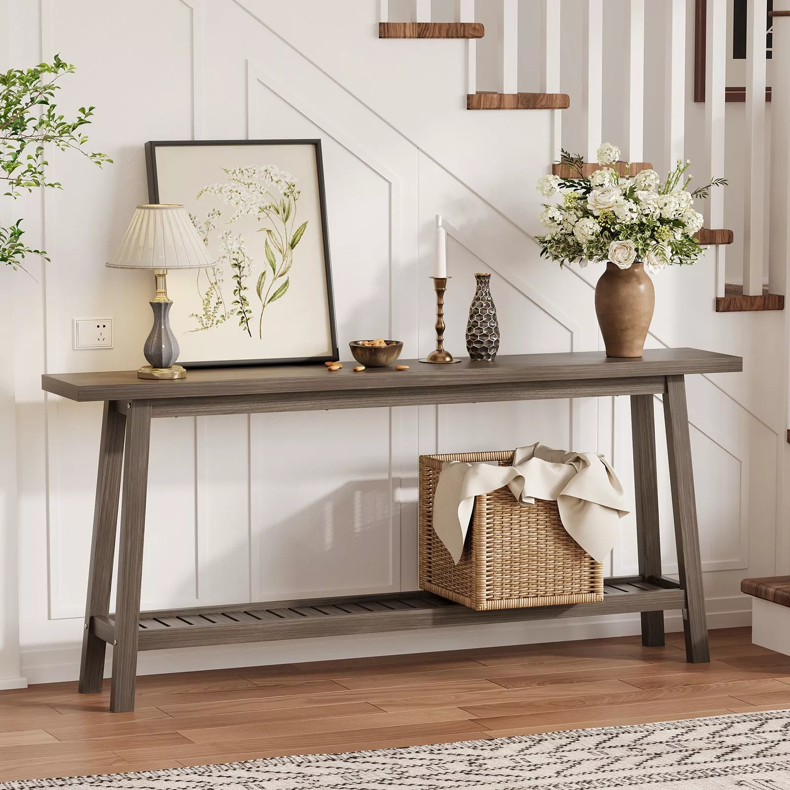 70.9 Inch Console Table for Entryway, Extra Long 2-Tier Narrow Sofa Table Behind Couch, Industrial Farmhouse Entry Table for Living Room, Hallway, Foyer, Gray