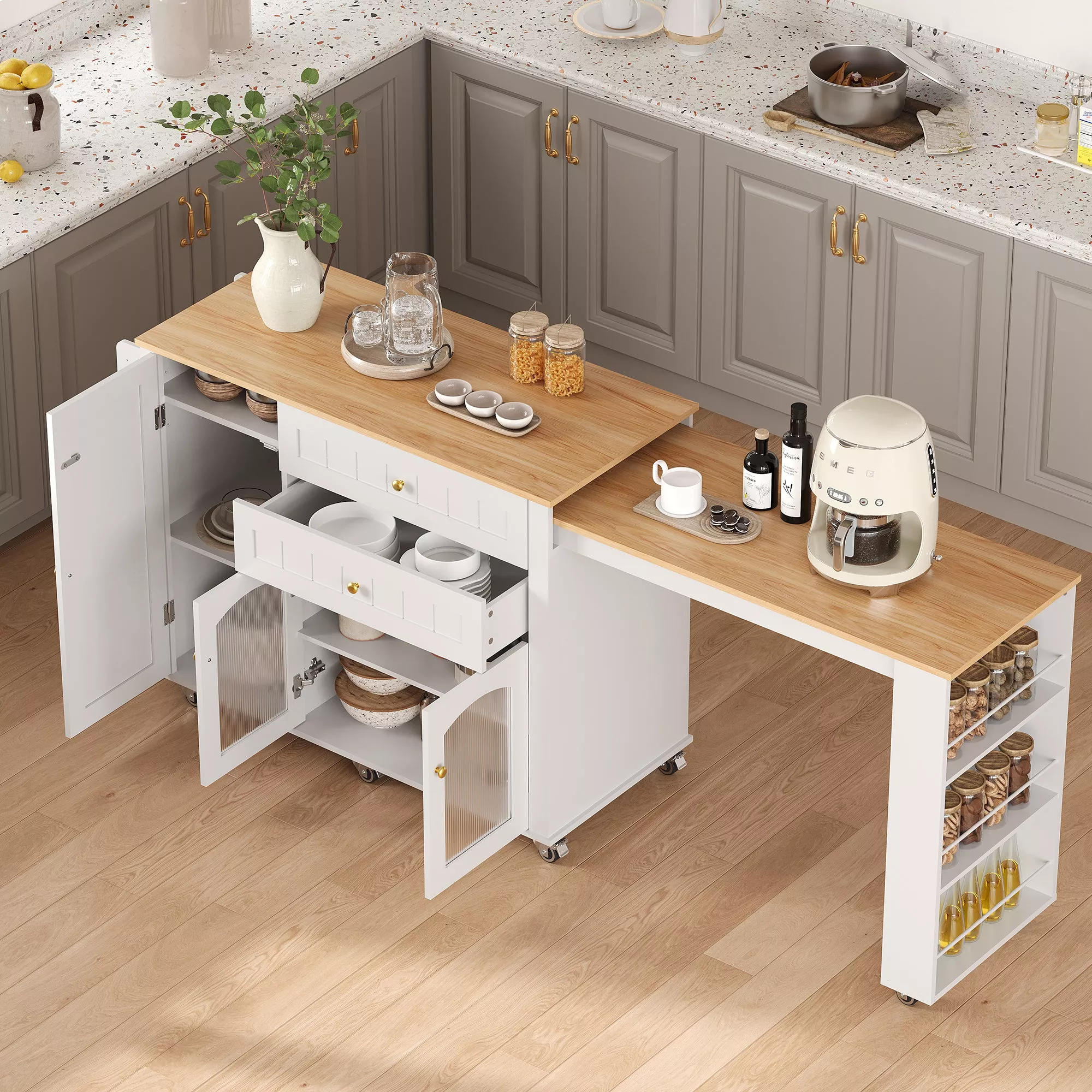 78.3 Rolling Kitchen Island with Extendable Table, Storage Cabinet, Drawers & Shelves, White Modern Mobile Island Cart on Wheels, Farmhouse Wood Island Table for Kitchen, Dining Room, Home Bar