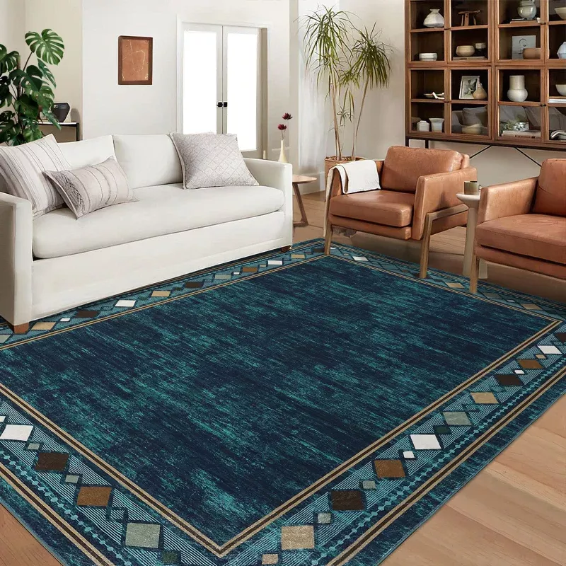 8×10 Area Rug Modern Bordered Machine Washable Area Rug for Living Room Geometric Border Accent Rug Throw Carpet Non-Slip Stain Resistant Floor Cover for Home Decor, Teal