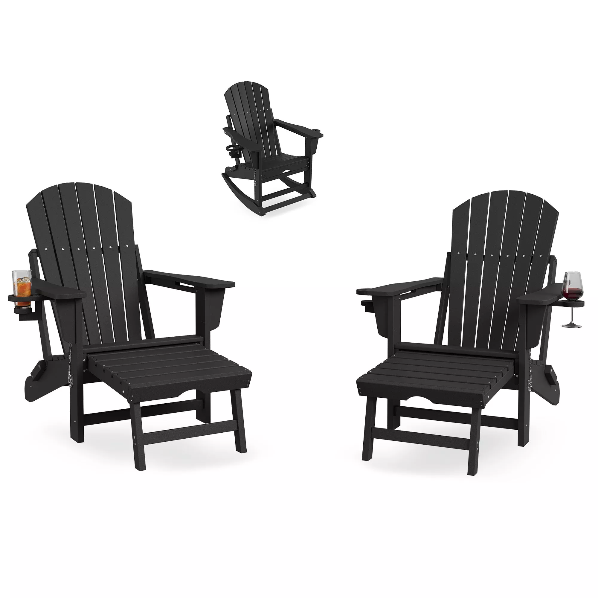 Adirondack Rocking Chairs, Set of 2 Folding Outdoor Chairs with Retractable Ottoman, Footrest and Cup Holder for Patio