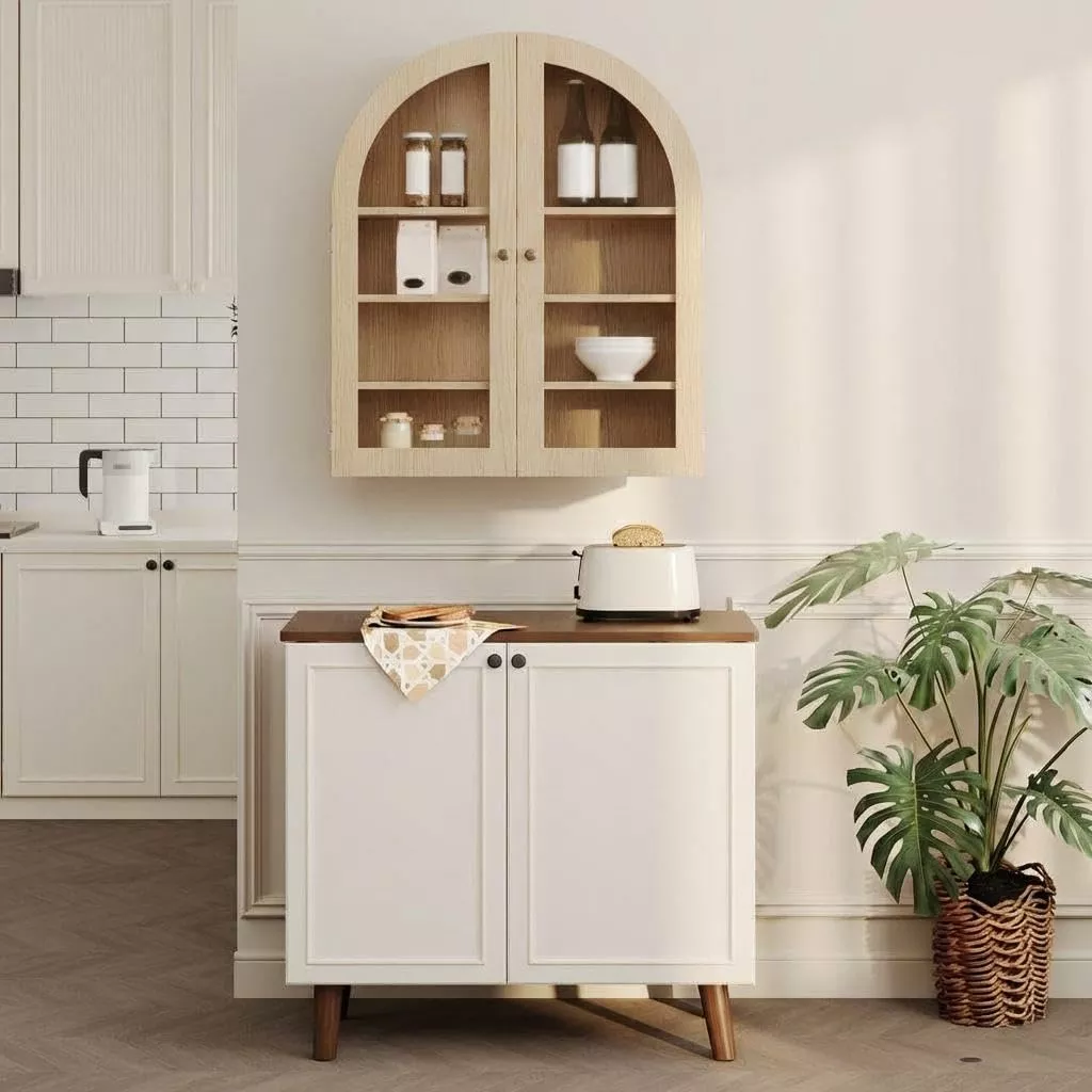 Arched Wall-Mounted Bathroom Medicine CabinetGlass Doors, Adjustable Shelves, Decorative Storage Organizer for Bathroom, Kitchen, or EntrywayOak