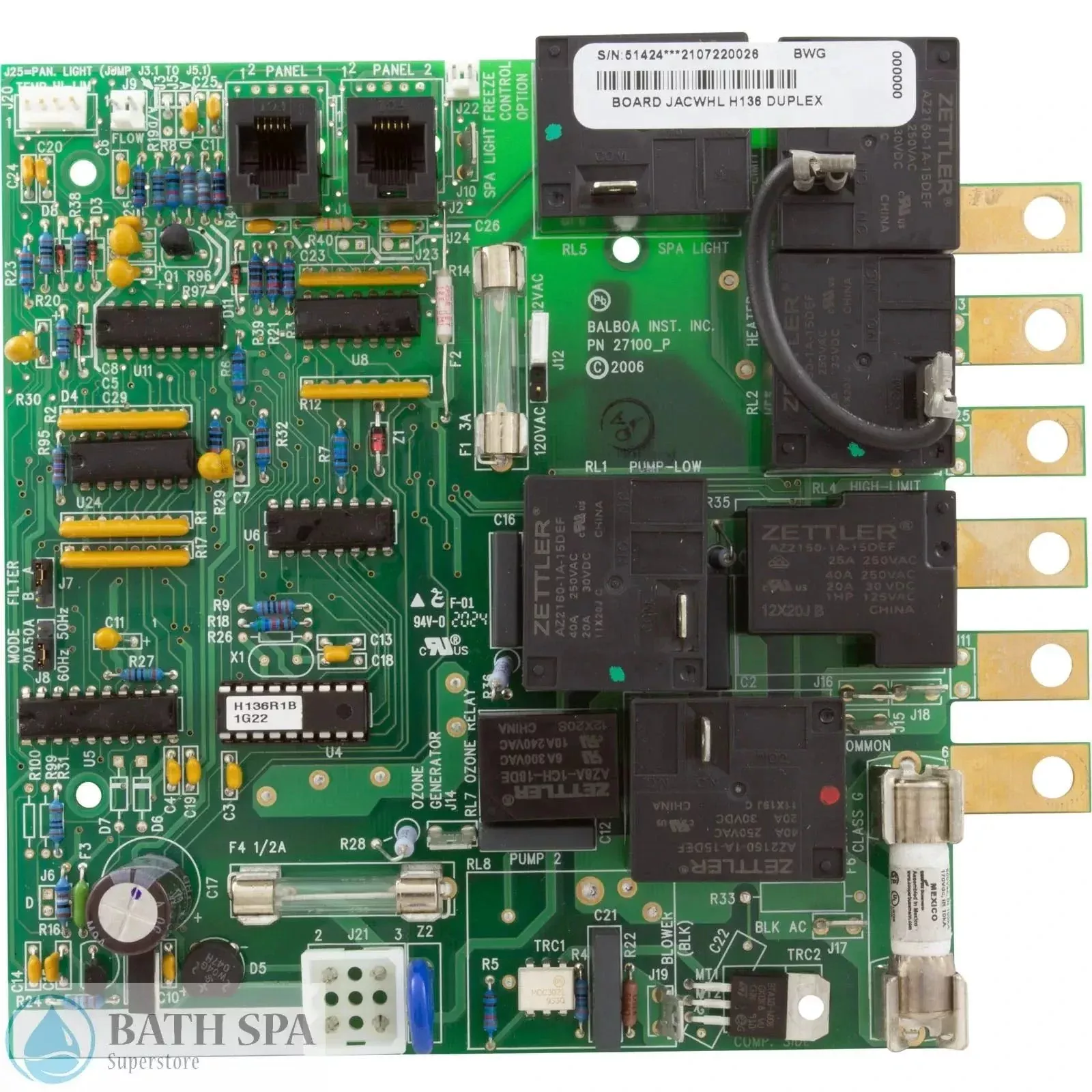 Balboa Jacuzzi Whirlpool H136 Duplex Circuit Board [1-Pump] (51424)