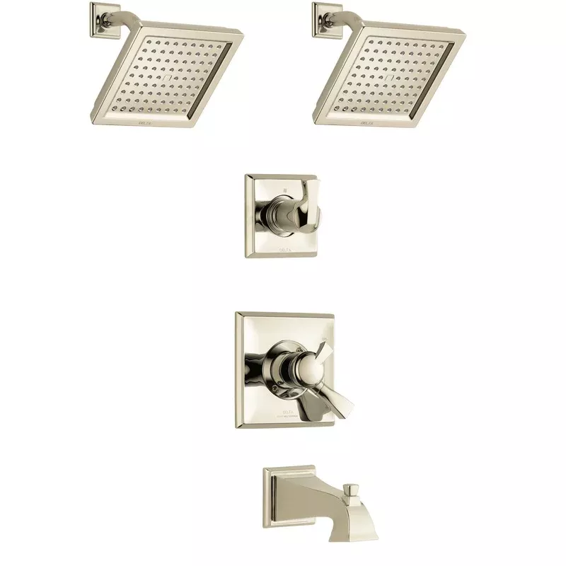 Delta Dryden Polished Nickel Finish Tub and Shower System with Dual Control Handle, 3-Setting Diverter, 2 Showerheads SS17451PN4