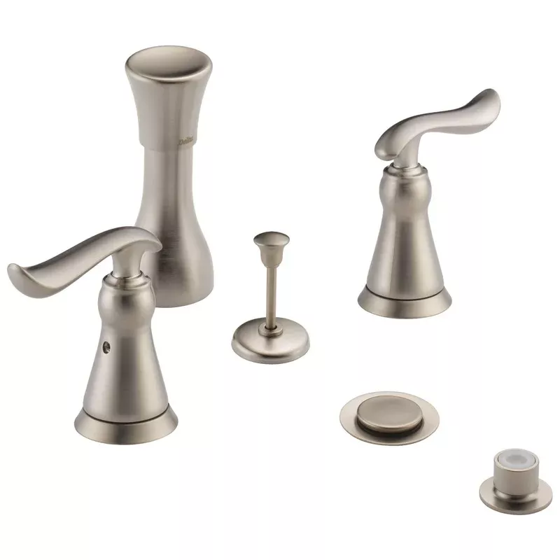 Delta Stainless Steel Finish Linden Collection 4 Hole 6″ or 8″ Installation Bathroom Bidet Faucet with Metal Pop-up Includes Two Lever Handles D1734V