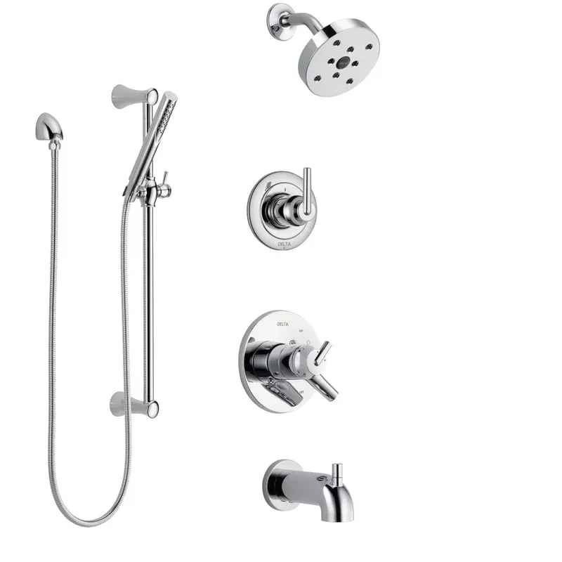 Delta Trinsic Chrome Finish Tub and Shower System with Dual Control Handle, 3-Setting Diverter, Showerhead, and 3 Body Sprays SS174592