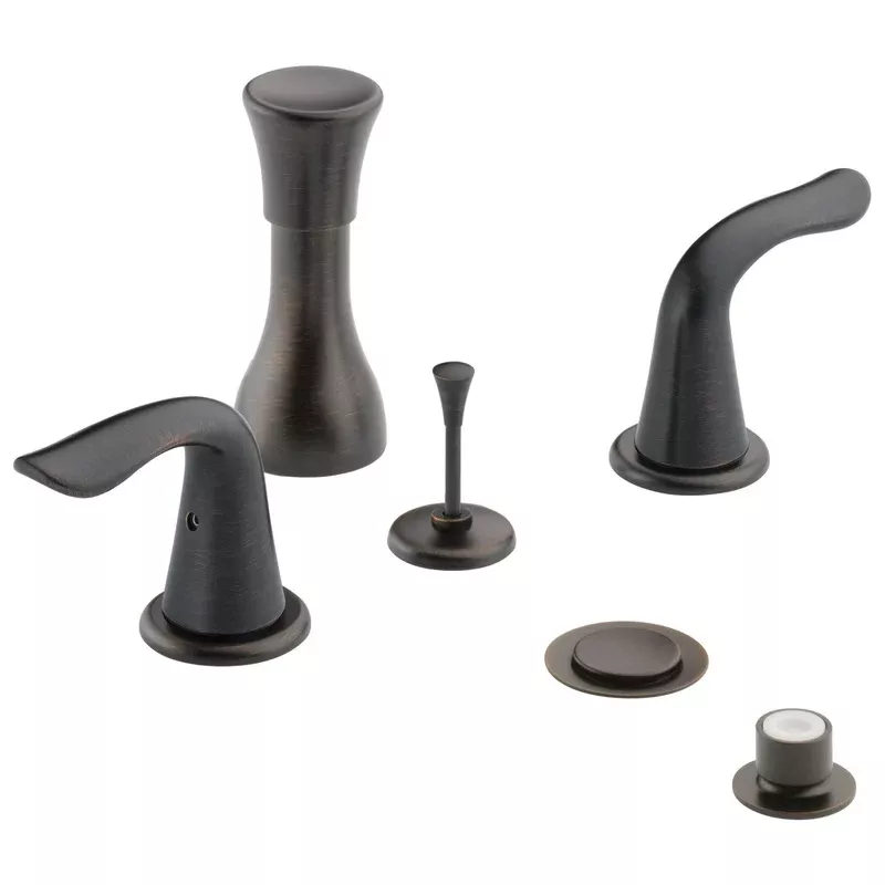 Delta Venetian Bronze Finish Lahara Collection 4 Hole 6″ or 8″ Installation Bathroom Bidet Faucet with Metal Pop-up Includes Two Lever Handles D1715V
