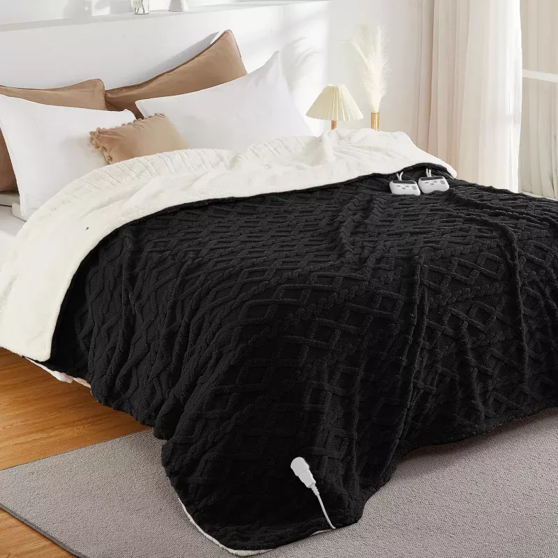 Electric Blanket King Size Dual Control – Thick Tufted Sherpa, 10 Heat Levels, 10 Time Settings, ETL Certified, Black, Fast Heating, Cozy Home Use