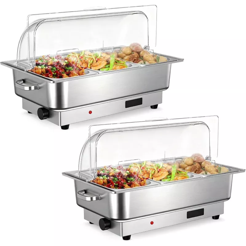 Electric Chafing Dish Buffet Set, 33 QT Roll Top Food Warmer with Transparent PC Lid, 400W Temperature Control 86-200F, Stainless Steel Chafer for Catering Parties(2 Packs)