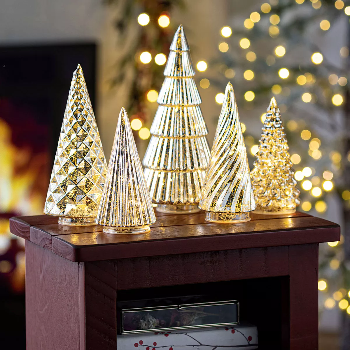 Gold Lighted Christmas Trees (Set of 5)