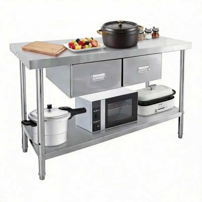 Heavy-Duty Stainless Steel Commercial Work Table with 2 DrawersAdjustable UndershelfDurable Prep Station for Kitchen, Restaurant, Garage, Warehouse