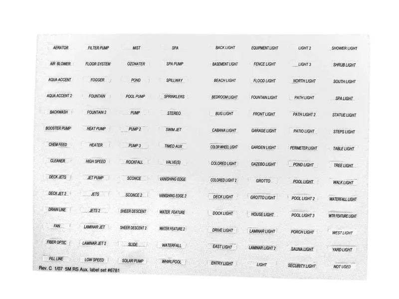 Jandy SpaLink RS Spa Control, Auxiliary Decal Kit (6781)