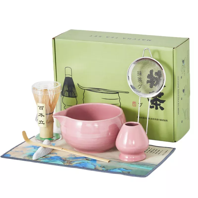 Matcha Whisk Set 7-Piece Complete Matcha Making Kit with Bamboo Whisk, Ceramic Bowl, Scoop & Sifter for Beginners & Enthusiasts, Pink, 8pcs