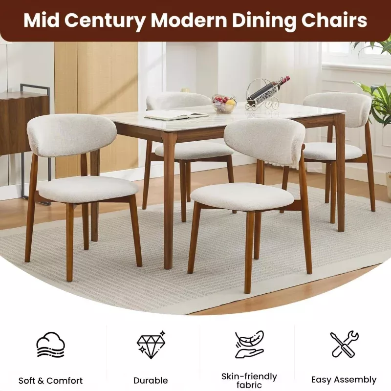 Mid Century Modern Dining Chairs Set of 6Wooden FrameUpholstered Beige Linen Padded SeatsSturdy Brown Rubberwood LegsIdeal for Home & RestaurantColor: 1