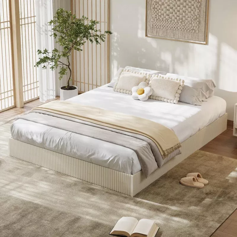 Minimalist Fluted Platform Bed FrameCream White Wooden, Sturdy Low Profile, Noise-Free, Easy Assembly, Storage SolutionFull Size, Cream White