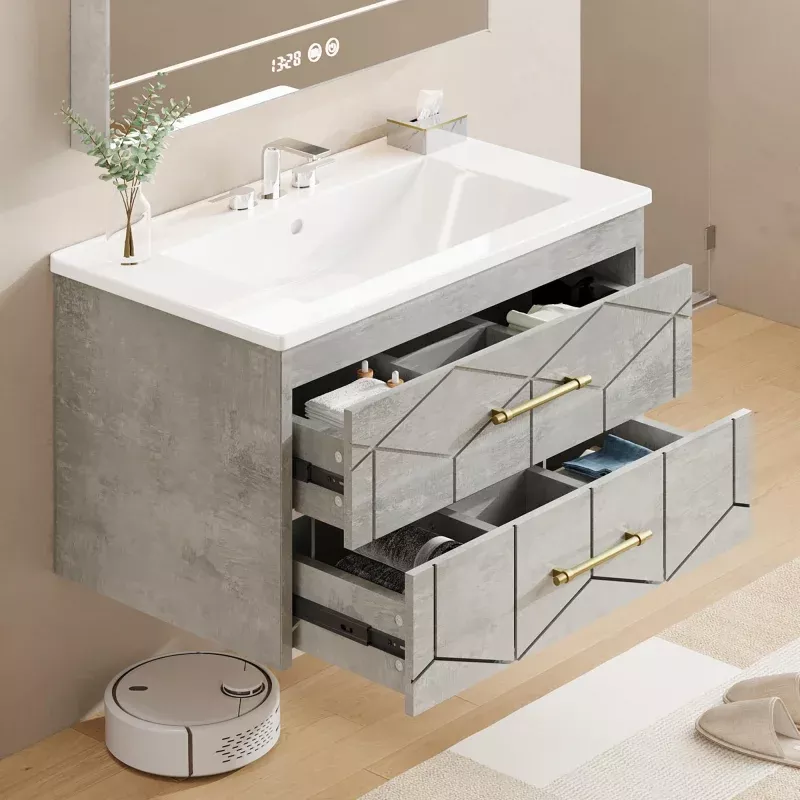 Modern 24″ Floating Bathroom Vanity in Humidity-Resistant Design with Soft-Close Drawers and Gold Handles, Grey