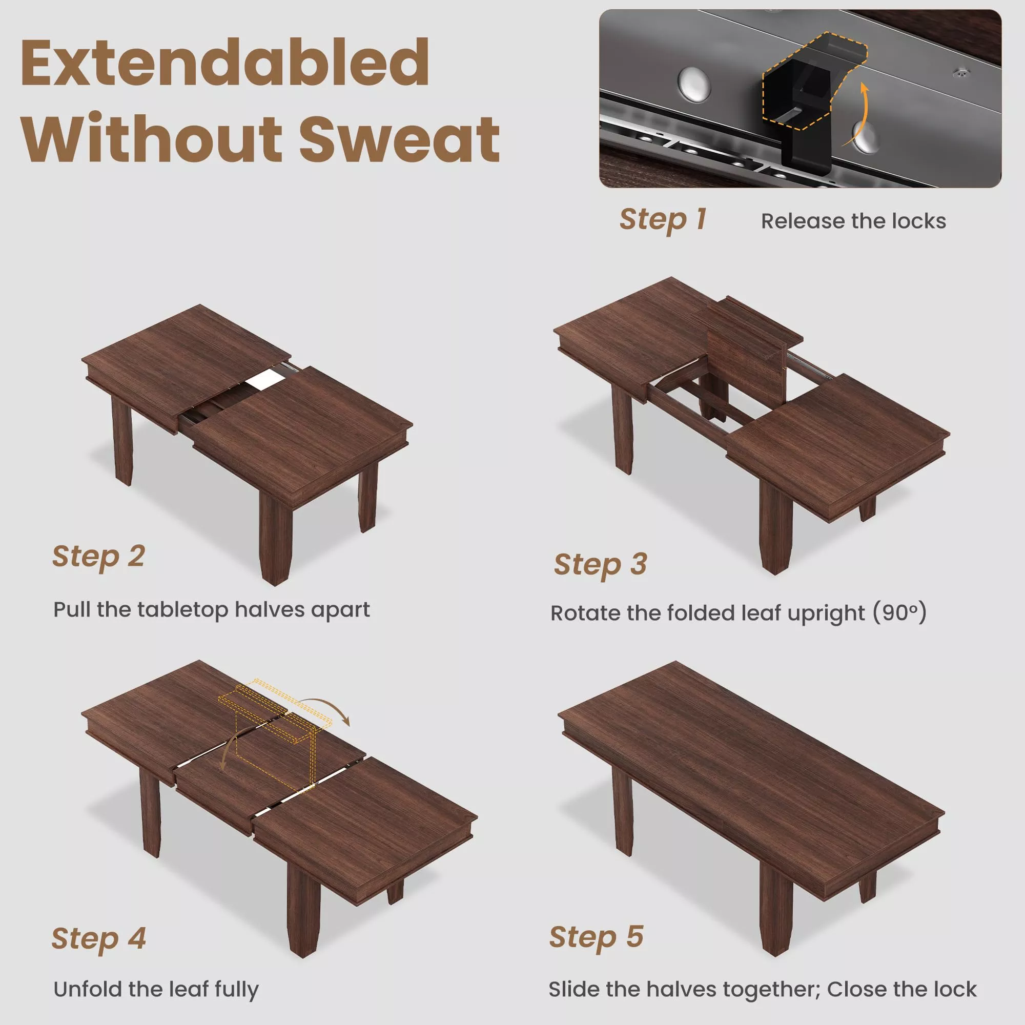 Modern Extendable Farmhouse Dining Table for 6-10 – 63-86.6 Inch Rectangular Kitchen Table – Sturdy Wooden Frame, Space-Saving – Dining Room Furniture, Brown