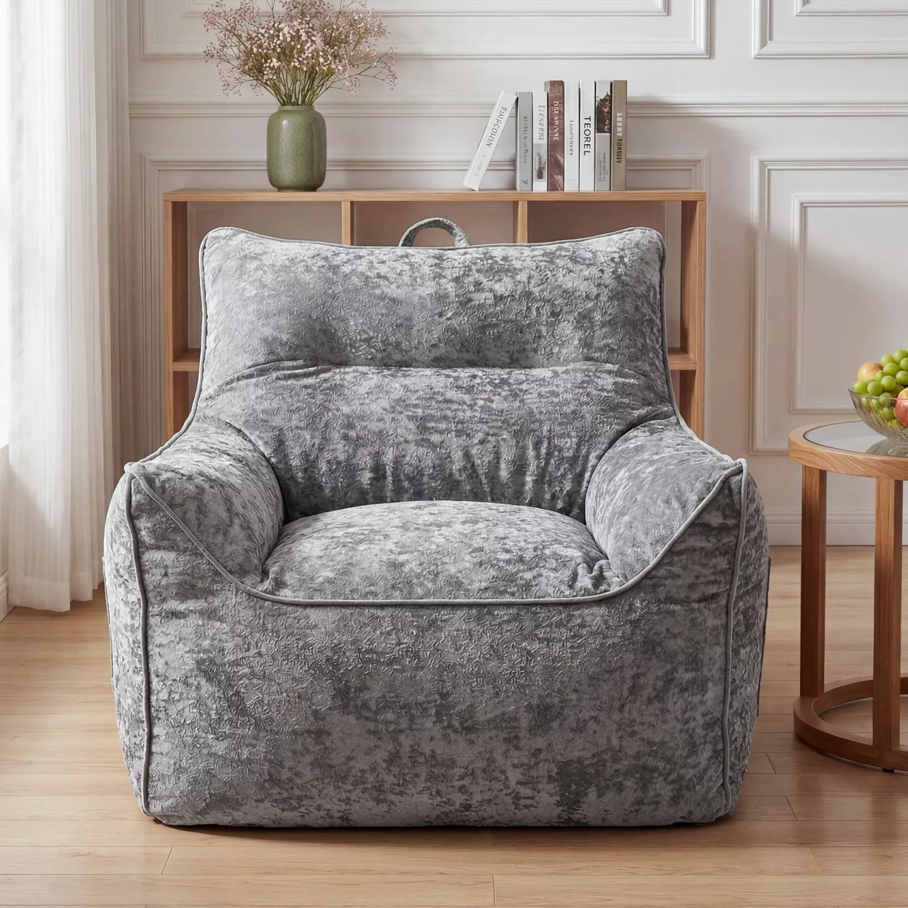 Oversized Chenille Bean Bag Chair with Armrests & Side Pocket, High-Density Shredded Foam Filling, Ergonomic Back Support for Adults & Kids, Comfy Lazy Sofa for Living Room, Bedroom, Gray