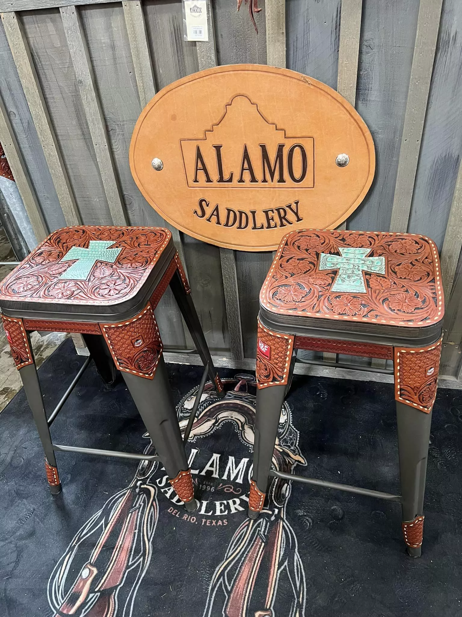 **PRE ORDER** Alamo Saddlery Bar Stools with Gator Cross – Turquoise Inlay, Floral Tooled Leather
