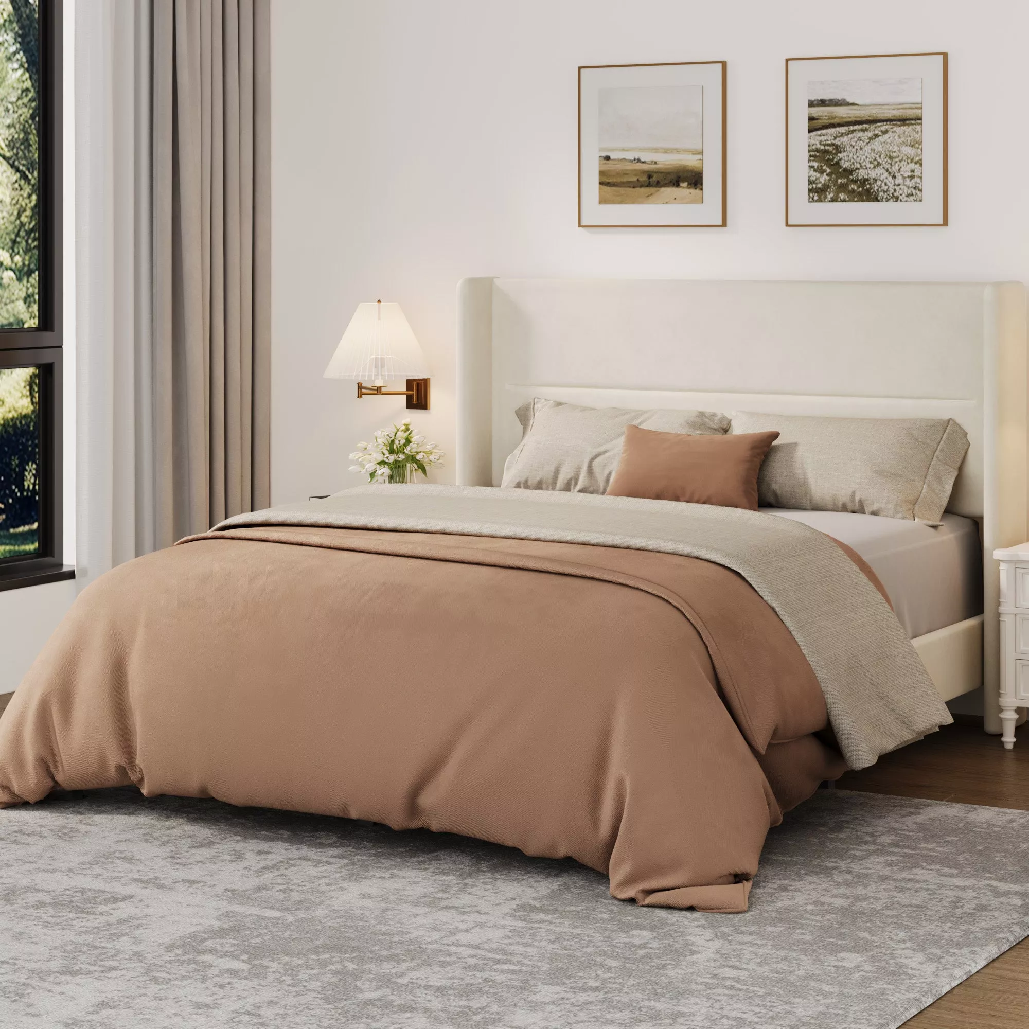 Queen Bed Frame with Wingback Headboard, Velvet Upholstered Platform Bed Frame with Sturdy Wooden Slats Support Queen Size, No Box Spring Needed, Easy Assembly, White