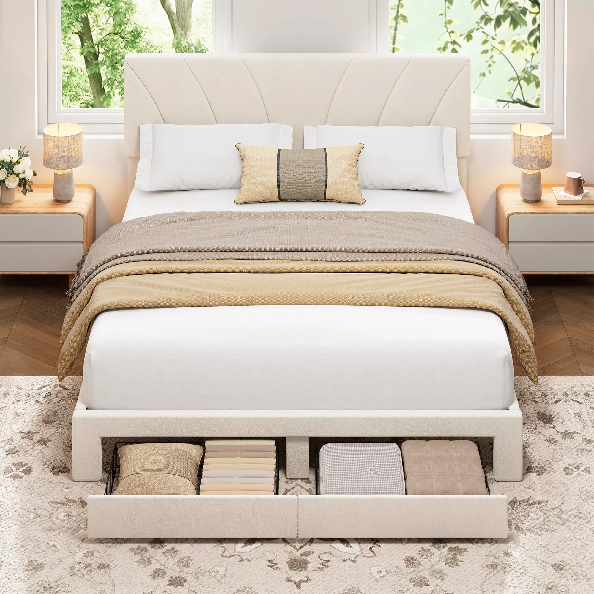 Queen Size Bed Frame Velvet Upholstered Adjustable Headboard 2 Storage Drawers Wooden Slats Beige Platform Bed for Bedroom