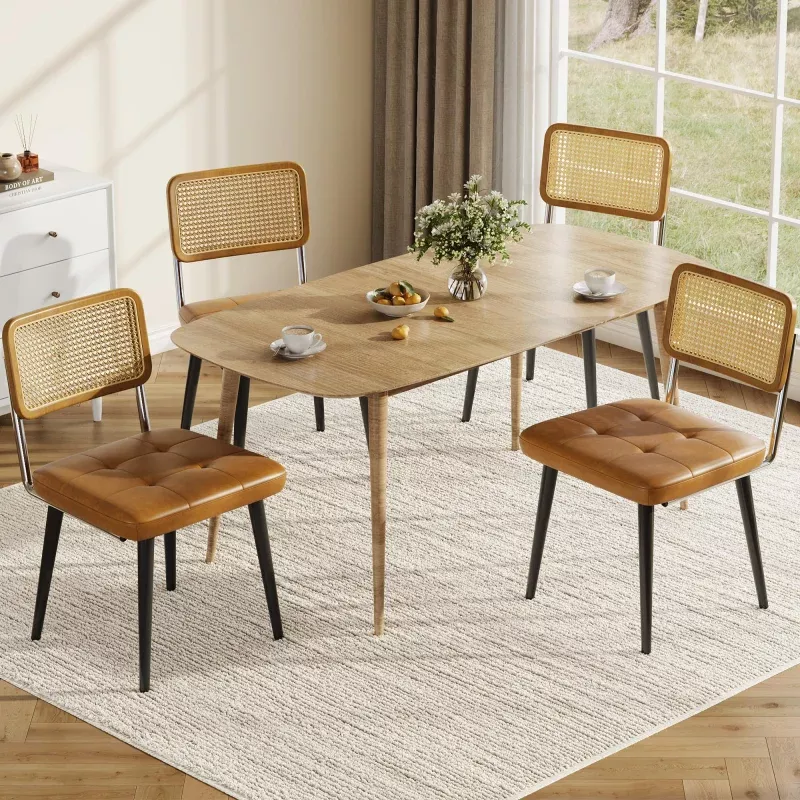 Rattan Dining Chairs Set of 4 with PU Leather Cushions, Breathable Woven Backrest, Metal Frame, Armless Side Chairs for Kitchen & Restaurant