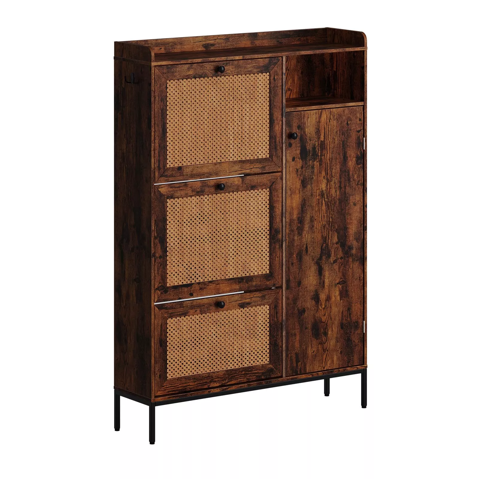 Rattan Shoe Storage Cabinet with 3 Doors, Adjustable Shelves, MDF Frame, Ventilated Design, Slim Organizer for Entryway, Natural Color