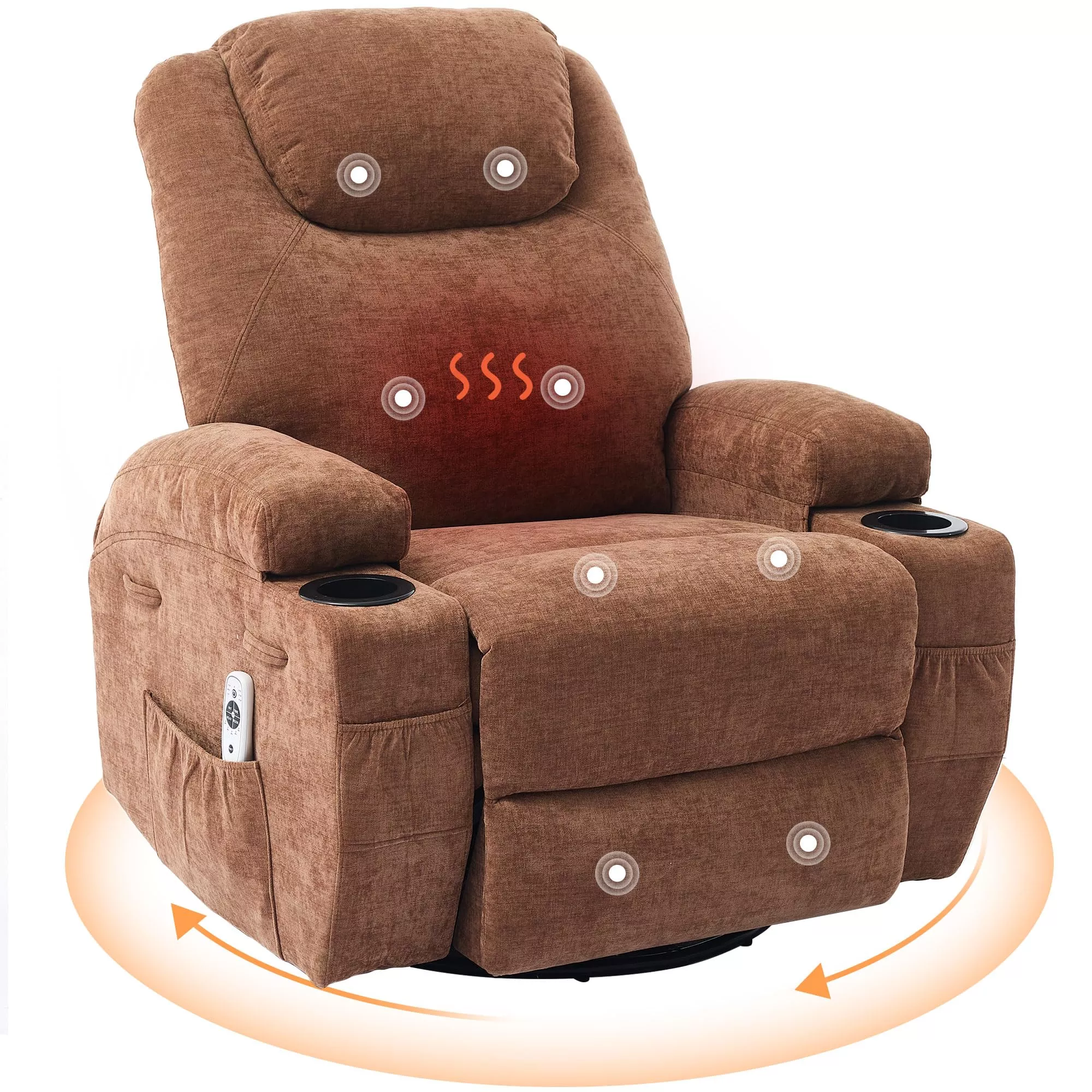 Rocking Recliner Chair with Massage and Heat, Swivel Ergonomic Lounge Chair Classic Single Sofa with 2 Cup Holders Side Pockets Living Room Chair Home Theater Seat, Coffee