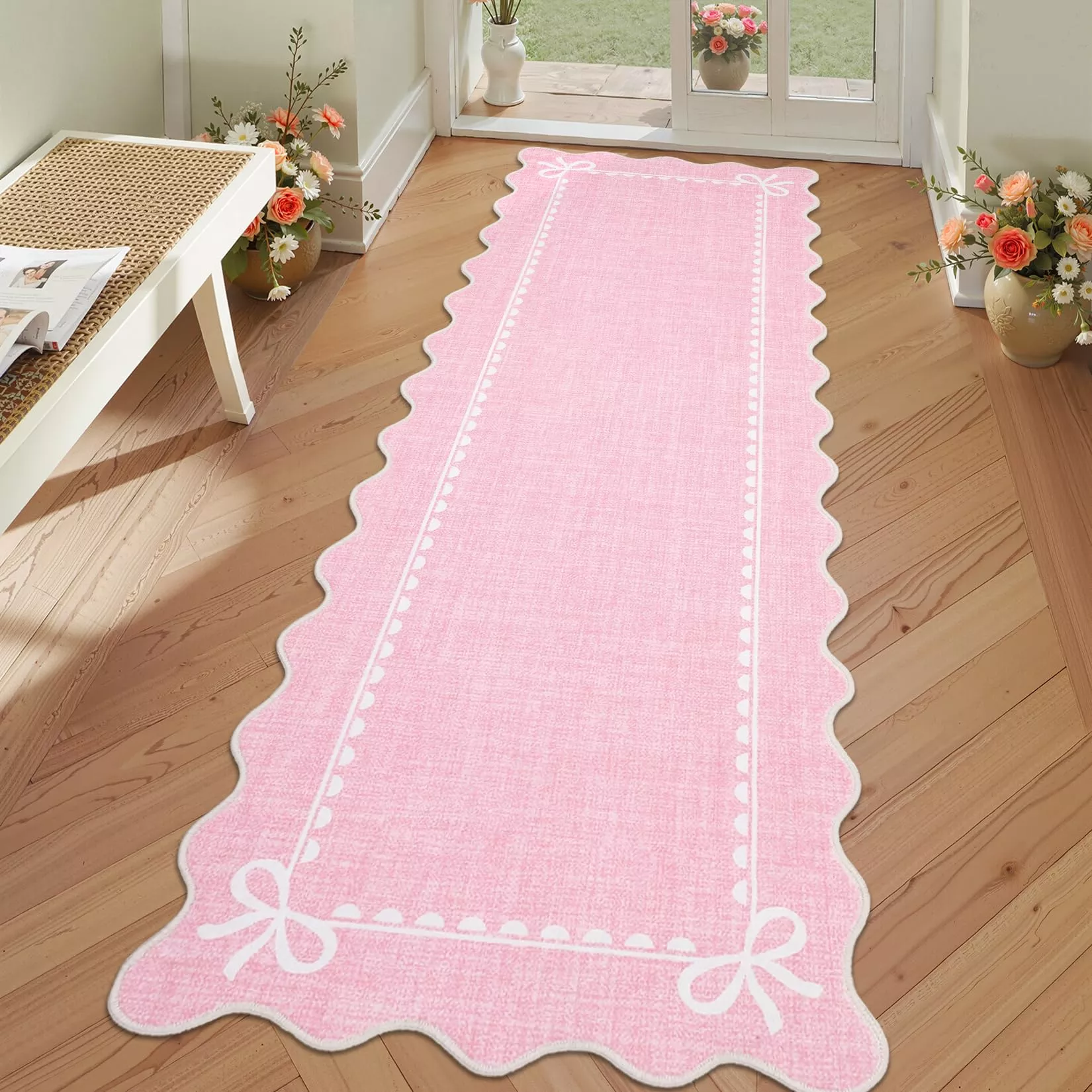 Scalloped Bow Rug for Living Room, Solid Pink Rug for Dorm, Washable Runner Rug 2.5×10 Soft Low Pile Non Slip Scalloped Rugs for Nursery Bedroom Decor Hallway Entryway Playroom