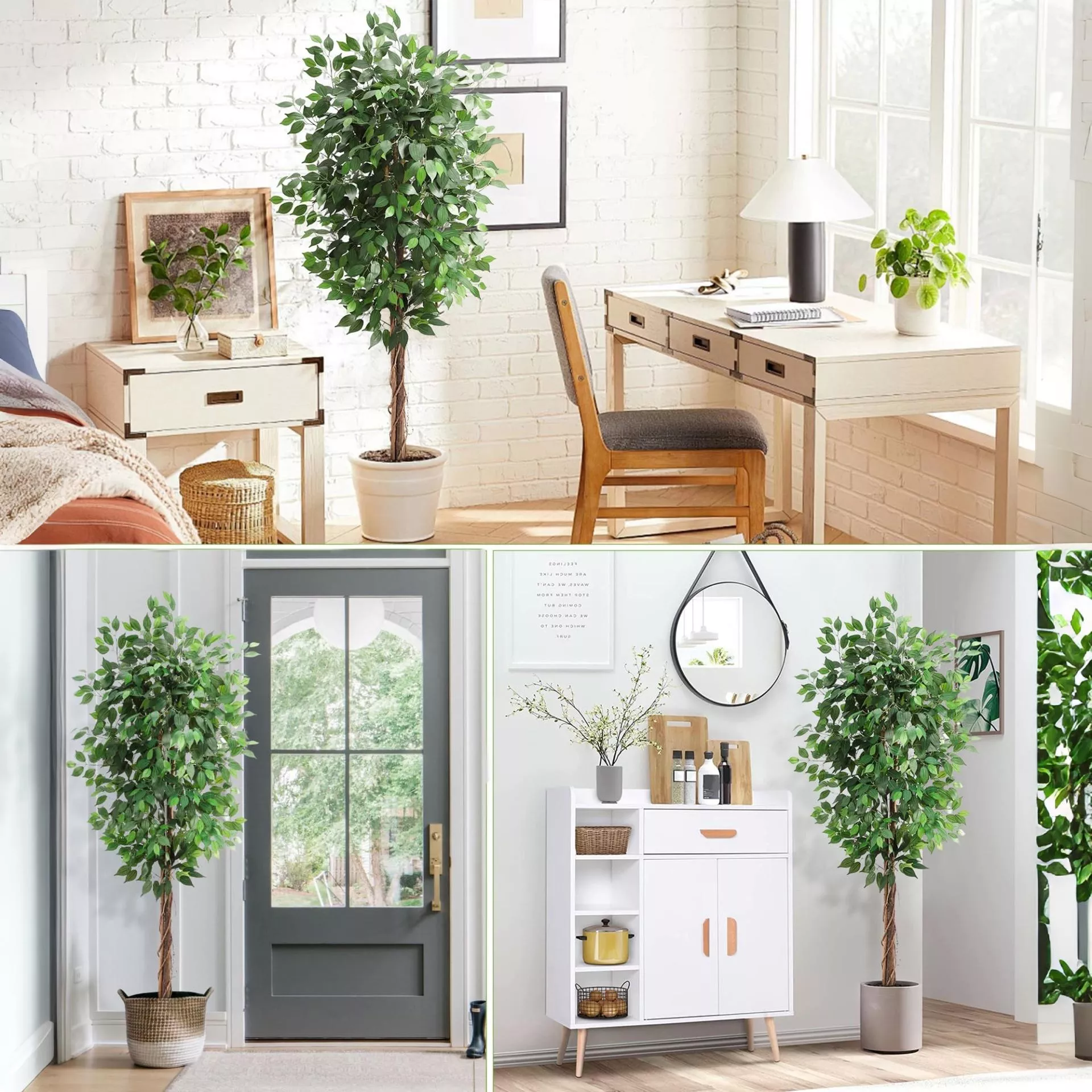 Set of 2 5FT Artificial Ficus Trees, 756 Full Lush Leaves Fake Ficus Plant with Black Nursery Pot, 3-Trunk Artificial Greenery for Indoor Outdoor Living Room Office Decor