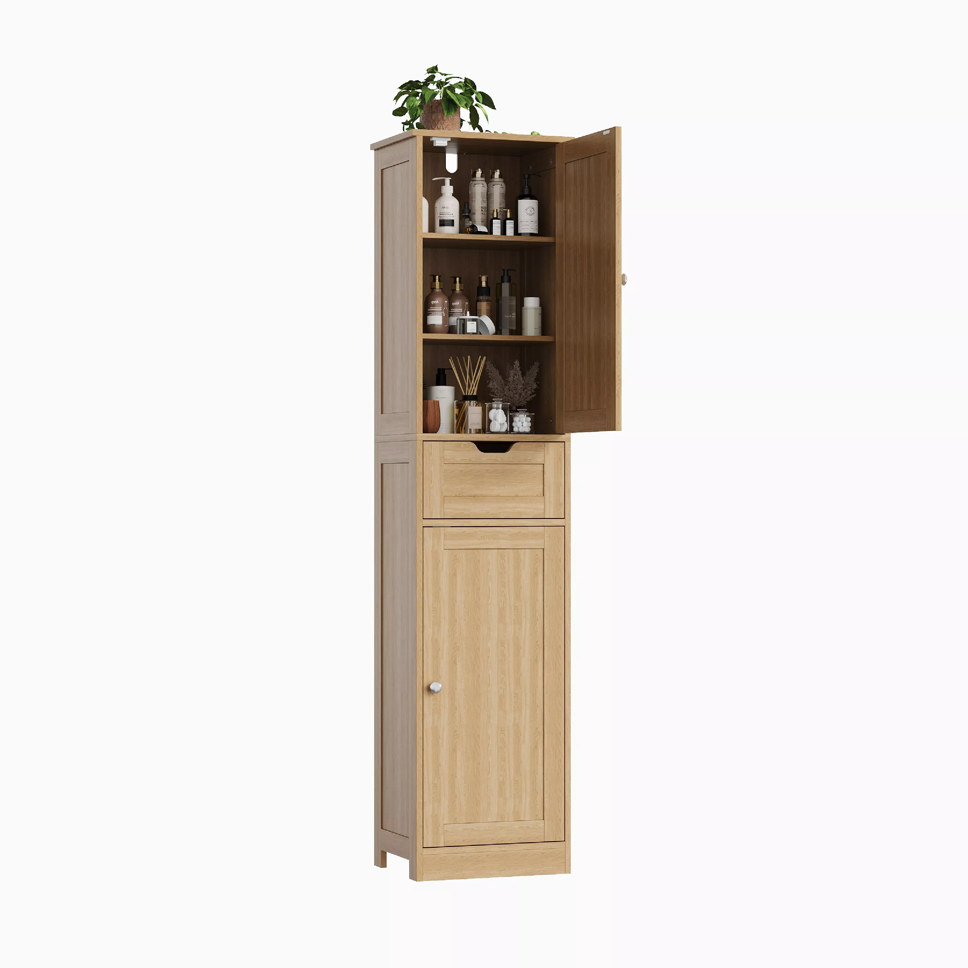 Slim Space-Saving Bathroom Storage Cabinet – Vertical Particle Board Organizer Rack – Modern Design for Washroom or Bathroom – Ideal for Compact Spaces – Natural Wood Color