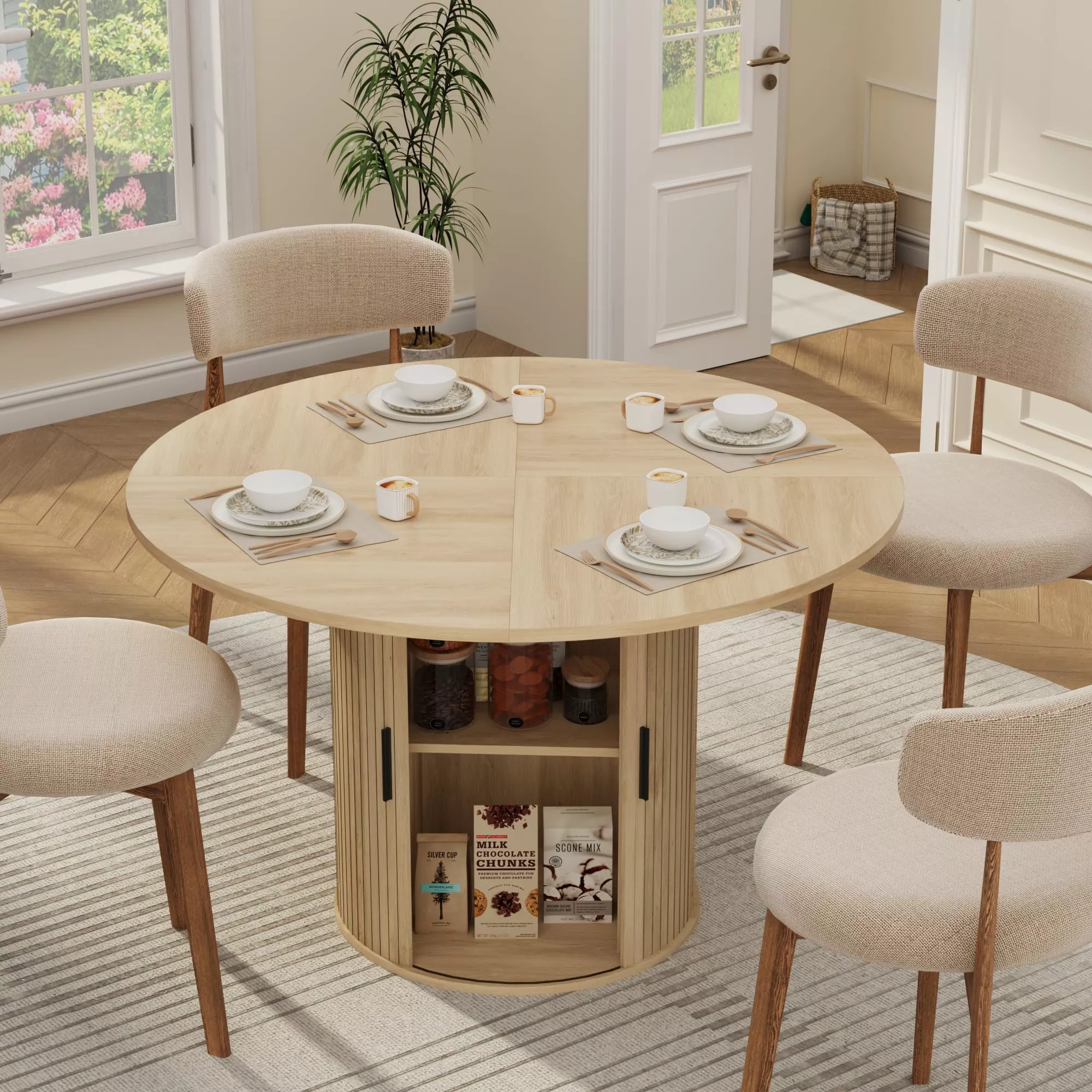 Space-Saving 47” Round Dining Table for 4-6Modern Farmhouse Kitchen & Dining Room Table with 2-Tier Storage Shelf, Sliding Wood Door, Fluted PedestalSturdy Natural Wood Color