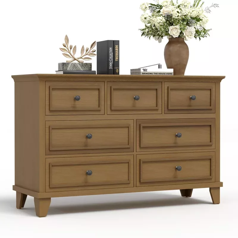 Spacious Storage Solution 7 Drawer Dresser – Wide Wooden Chest for Bedroom – Deep Drawers, Vintage Metal Handles, Thickened Top – Ideal for Hallway, Living Room, Entryway – Color: Vintage Brown